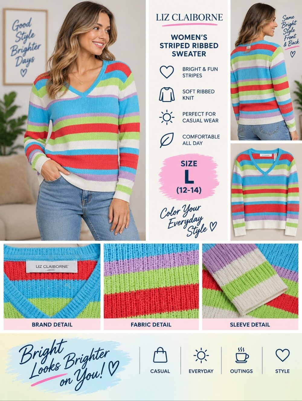 Lizgolf women's size large blue striped ribbed sweater #29
